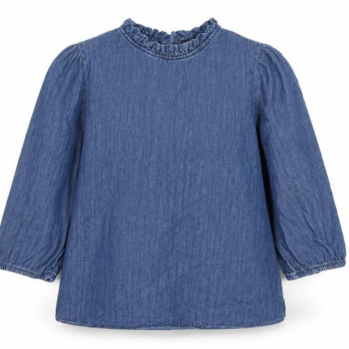 Marks and Spencer Women Blue UK 16 Denim Ruffle Neck 3/4 Sleeve Blouse