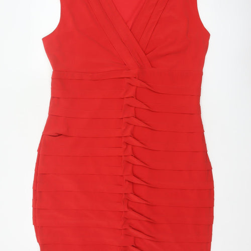 Roman Women Red UK 20 Bodycon Ruffle V-Neck Knee Length Party Dress