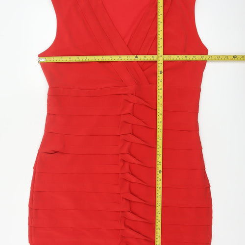 Roman Women Red UK 20 Bodycon Ruffle V-Neck Knee Length Party Dress