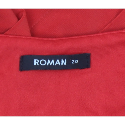 Roman Women Red UK 20 Bodycon Ruffle V-Neck Knee Length Party Dress