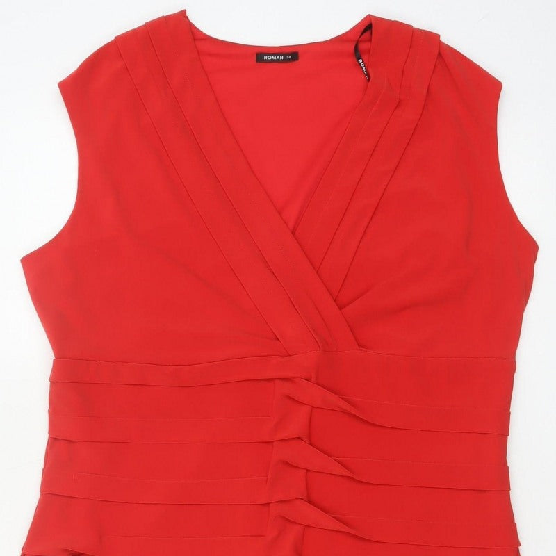 Roman Women Red UK 20 Bodycon Ruffle V-Neck Knee Length Party Dress