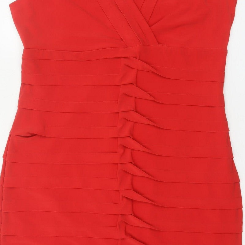 Roman Women Red UK 20 Bodycon Ruffle V-Neck Knee Length Party Dress
