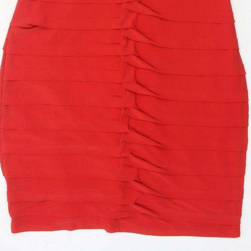 Roman Women Red UK 20 Bodycon Ruffle V-Neck Knee Length Party Dress
