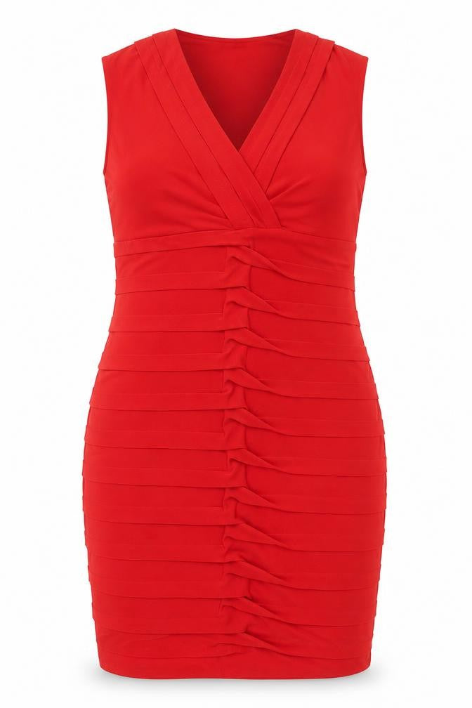 Roman Women Red UK 20 Bodycon Ruffle V-Neck Knee Length Party Dress
