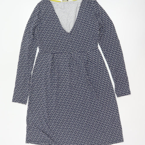 Boden Women Blue UK 10 Fit & Flare Knee Dress Geometric V-Neck Long Sleeve