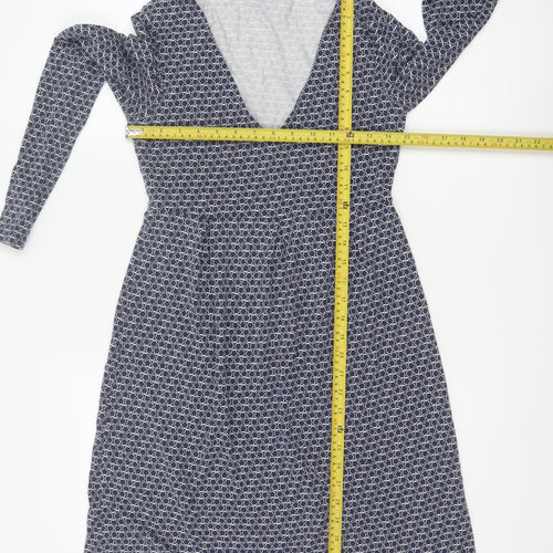 Boden Women Blue UK 10 Fit & Flare Knee Dress Geometric V-Neck Long Sleeve