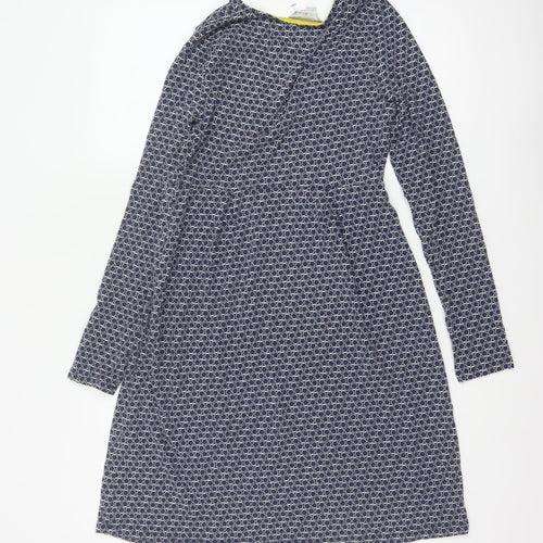 Boden Women Blue UK 10 Fit & Flare Knee Dress Geometric V-Neck Long Sleeve