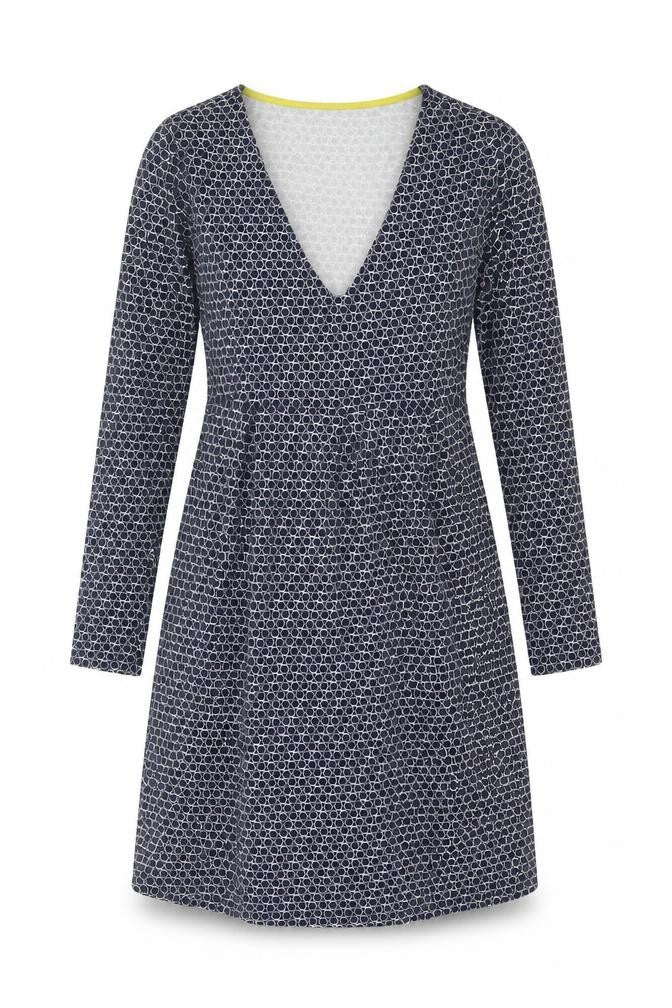 Boden Women Blue UK 10 Fit & Flare Knee Dress Geometric V-Neck Long Sleeve