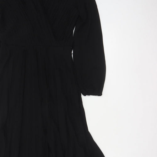 New Look Women Black UK 6 Long A-Line Pleated V-Neck Dress