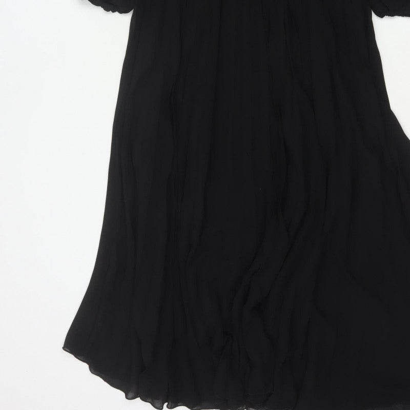 New Look Women Black UK 6 Long A-Line Pleated V-Neck Dress