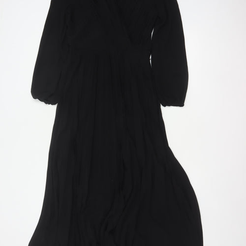 New Look Women Black UK 6 Long A-Line Pleated V-Neck Dress