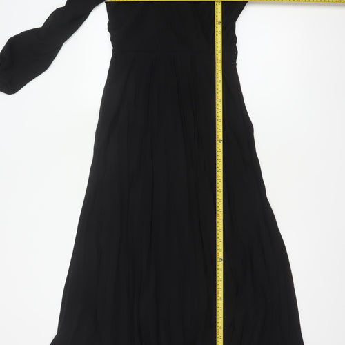 New Look Women Black UK 6 Long A-Line Pleated V-Neck Dress