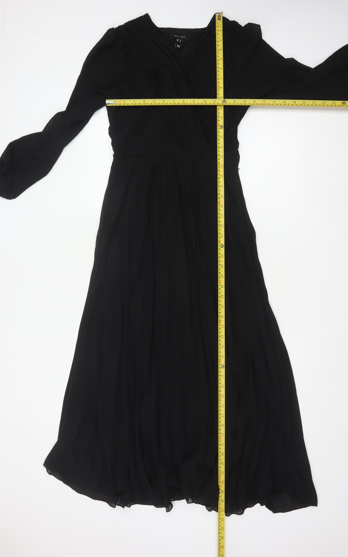 New Look Women Black UK 6 Long A-Line Pleated V-Neck Dress