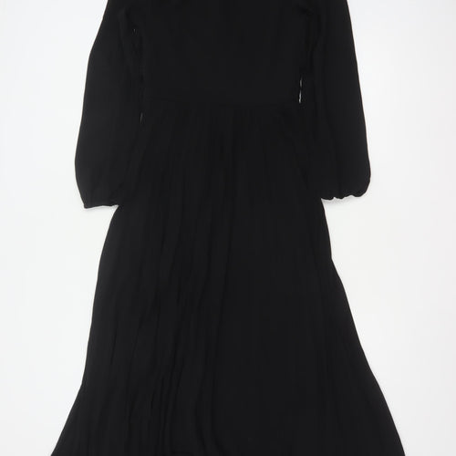 New Look Women Black UK 6 Long A-Line Pleated V-Neck Dress