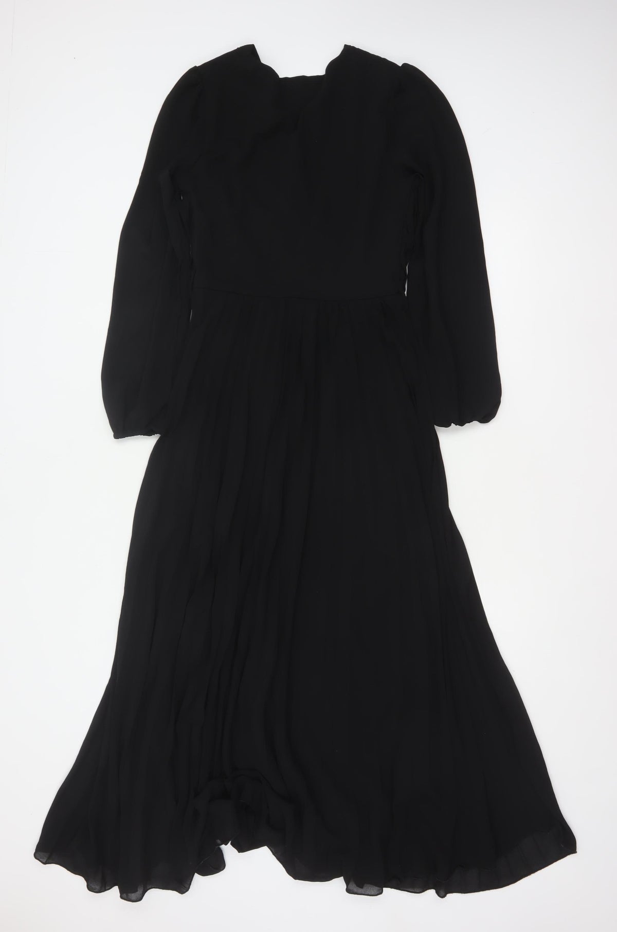 New Look Women Black UK 6 Long A-Line Pleated V-Neck Dress