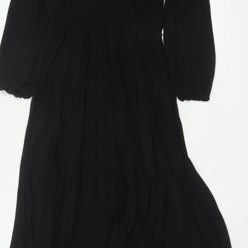 New Look Women Black UK 6 Long A-Line Pleated V-Neck Dress