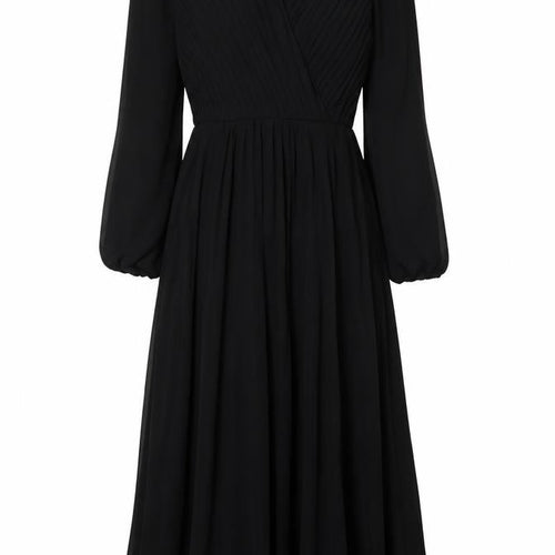 New Look Women Black UK 6 Long A-Line Pleated V-Neck Dress