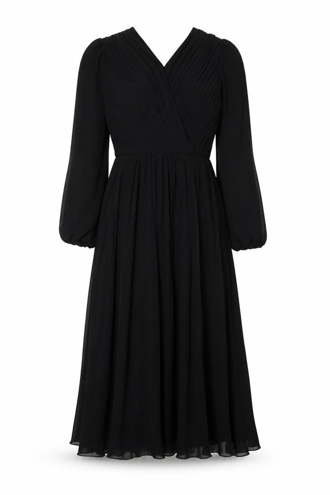 New Look Women Black UK 6 Long A-Line Pleated V-Neck Dress