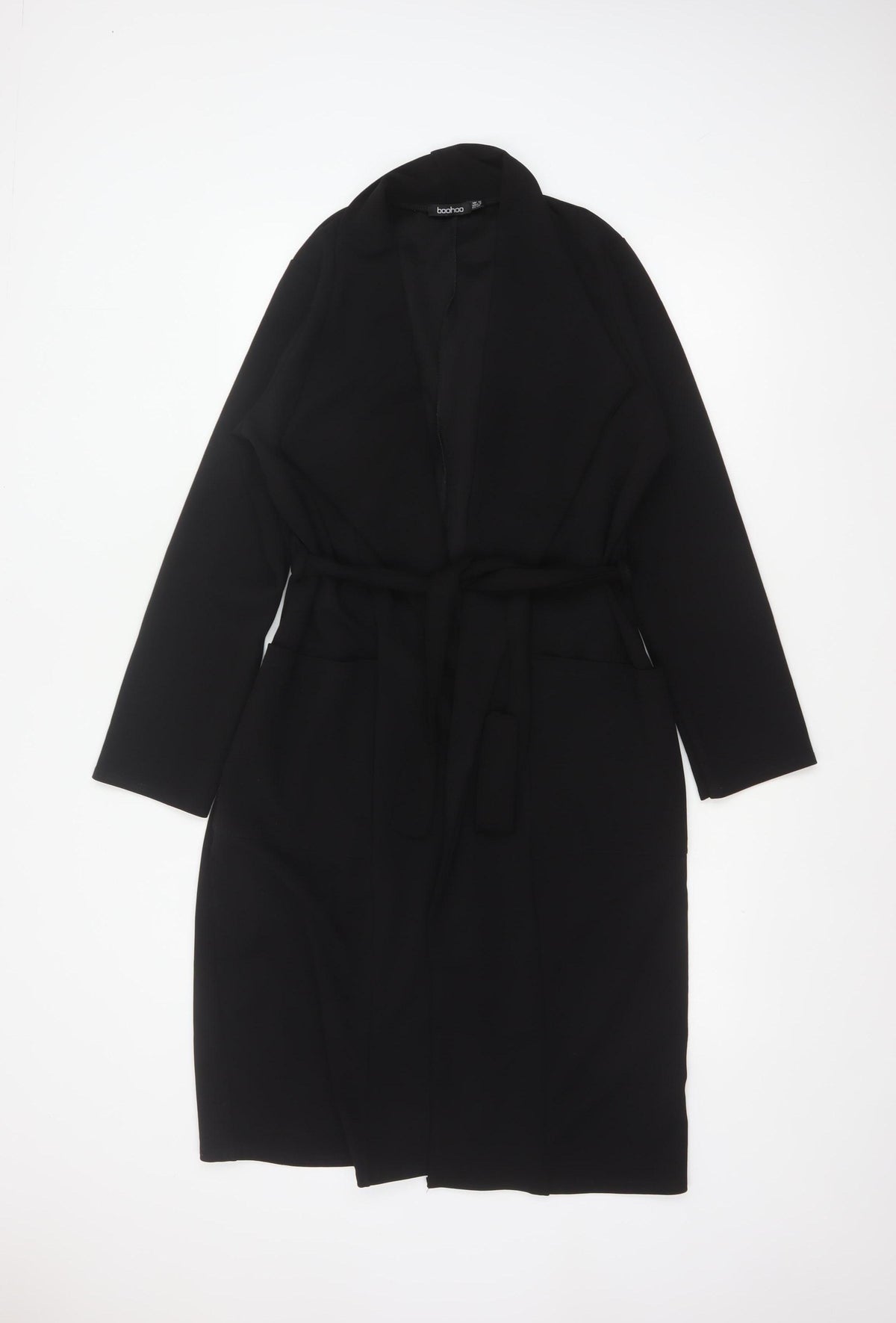 Boohoo Women’s Black UK 12 Long Belted Open Overcoat