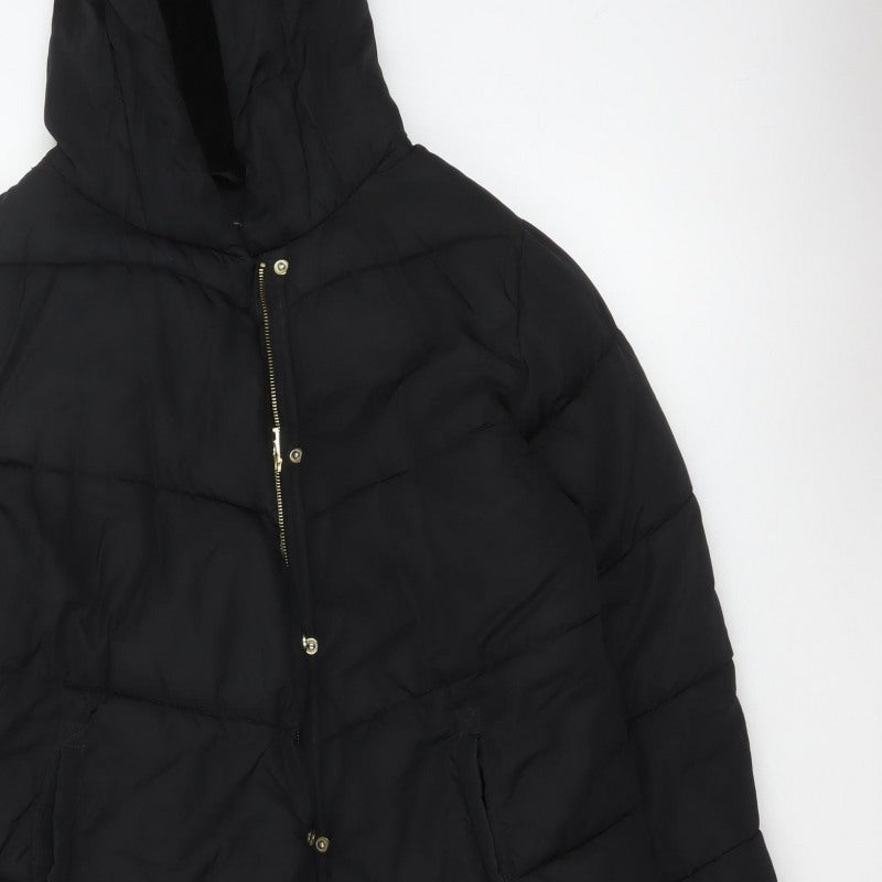 Next Girls Black 16 Years Long Hooded Puffer Coat Quilted Padded