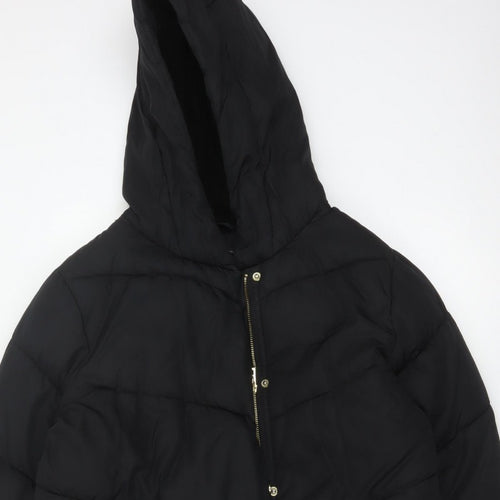 Next Girls Black 16 Years Long Hooded Puffer Coat Quilted Padded