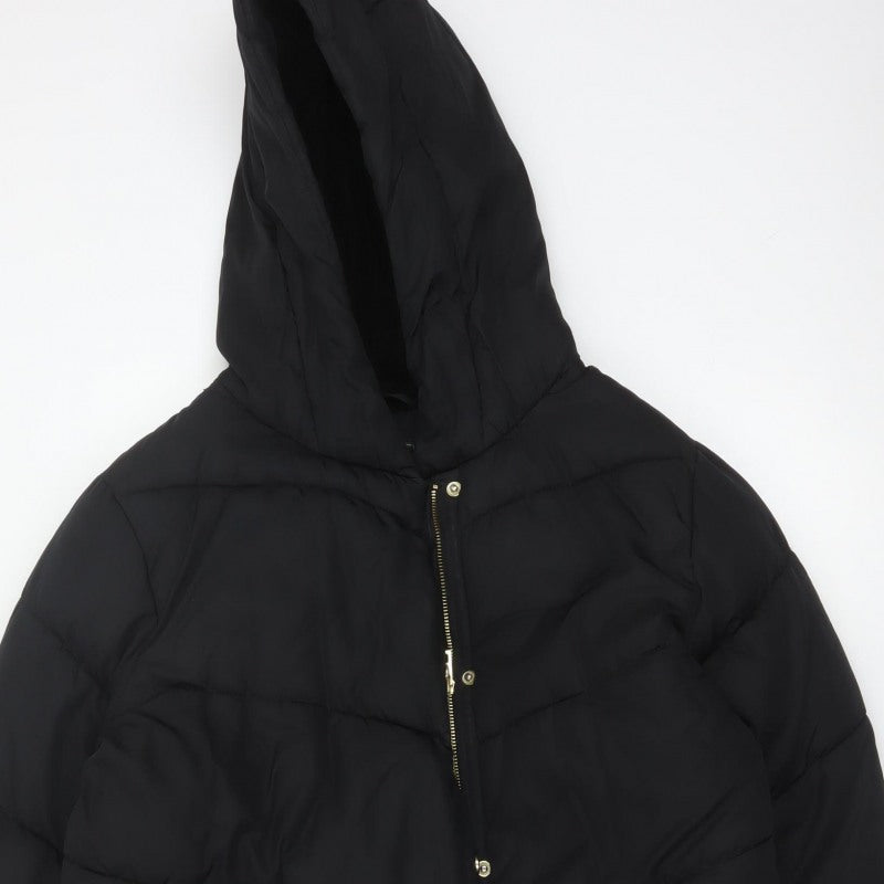 Next Girls Black 16 Years Long Hooded Puffer Coat Quilted Padded