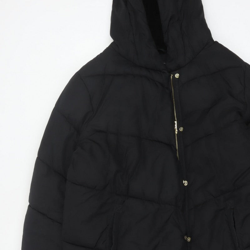 Next Girls Black 16 Years Long Hooded Puffer Coat Quilted Padded