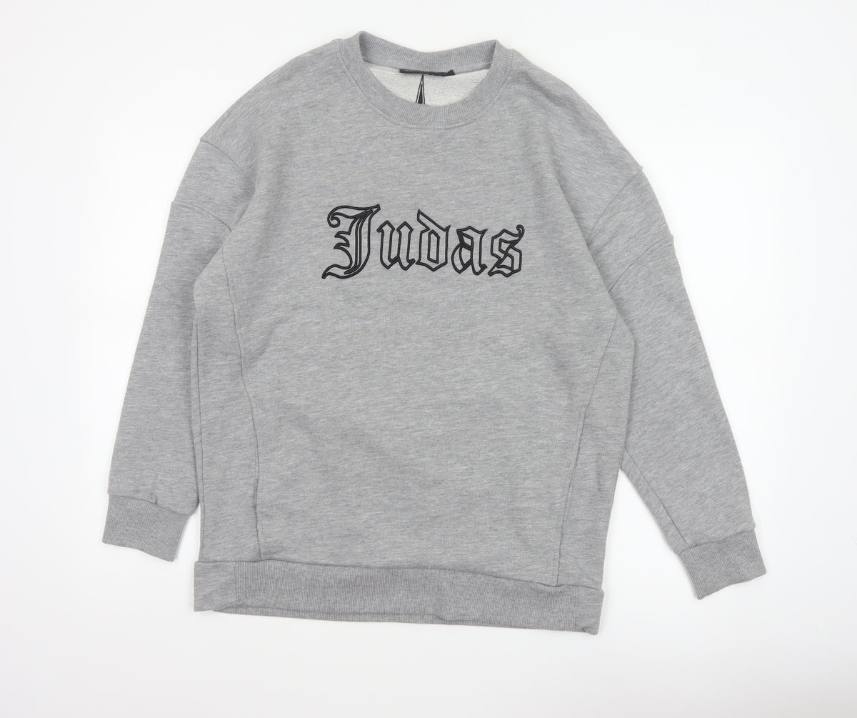 Back view of Judas Sinned Men’s Grey M Gothic Logo Graphic Pullover Sweatshirt