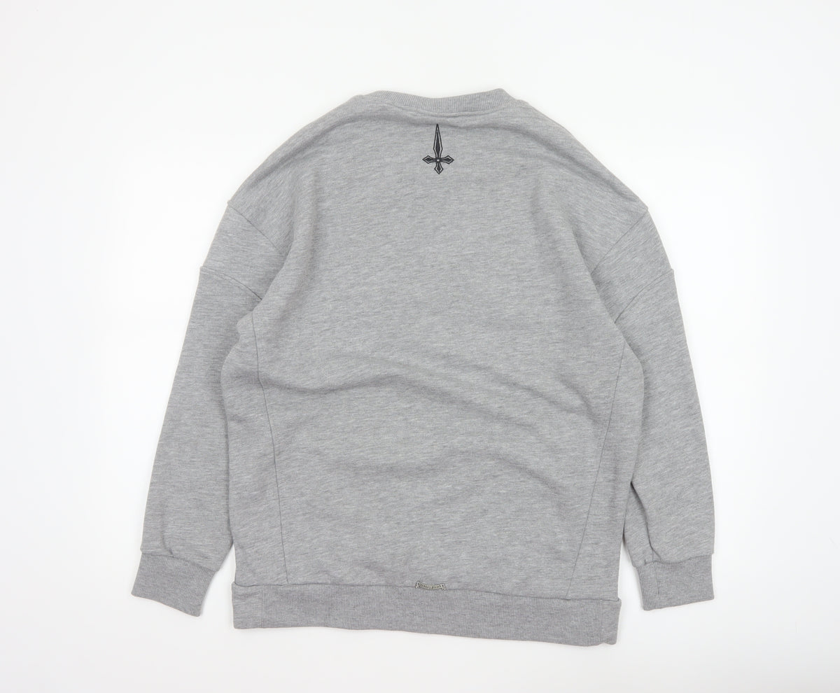 Brand and care label for Judas Sinned Men’s Grey M Gothic Logo Graphic Pullover Sweatshirt