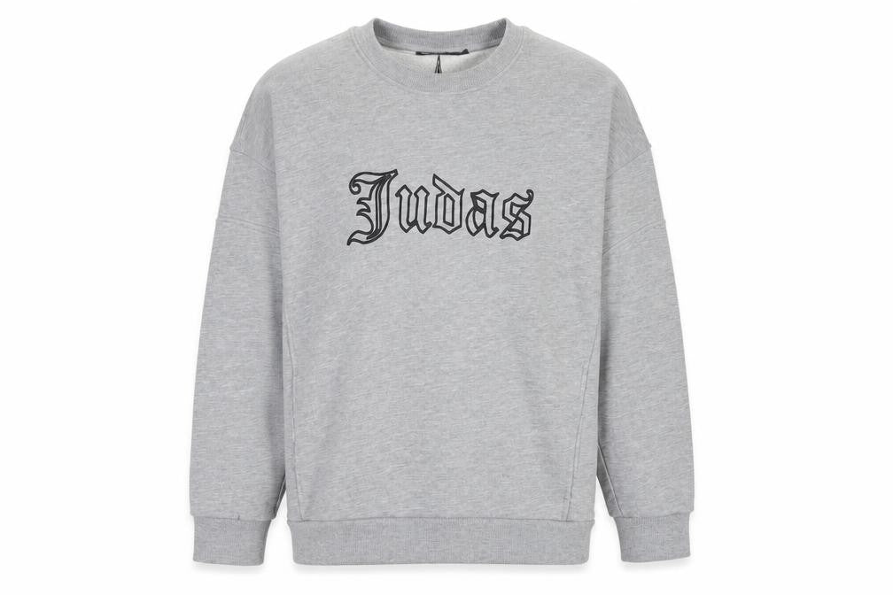 Front view of Judas Sinned Men’s Grey M Gothic Logo Graphic Pullover Sweatshirt