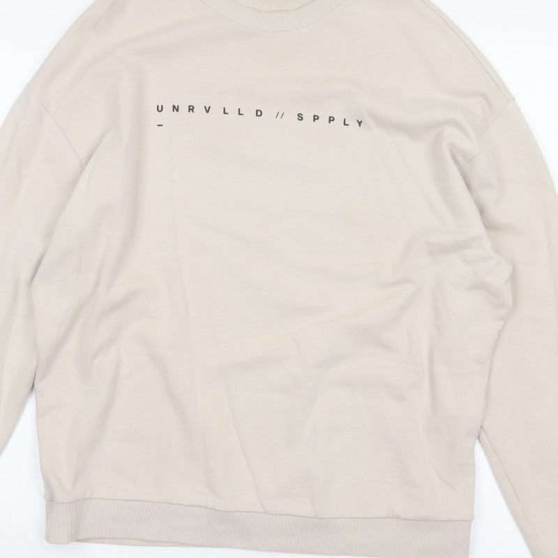 ASOS Design Men Beige M Graphic Print Crew Neck Pullover Sweatshirt