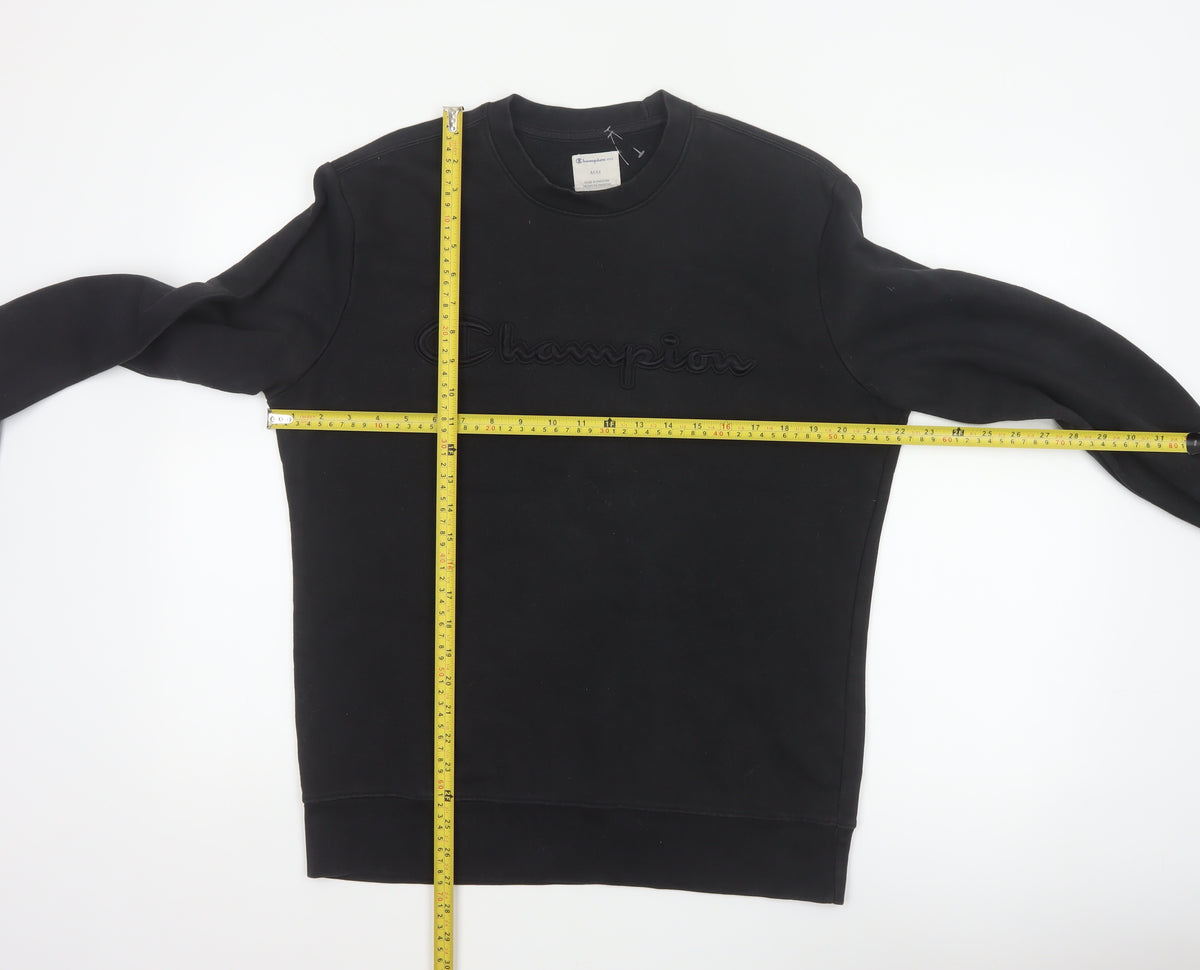 Close-up detail of Champion Elite Men’s Black M Embroidered Logo Crew Neck Sweatshirt