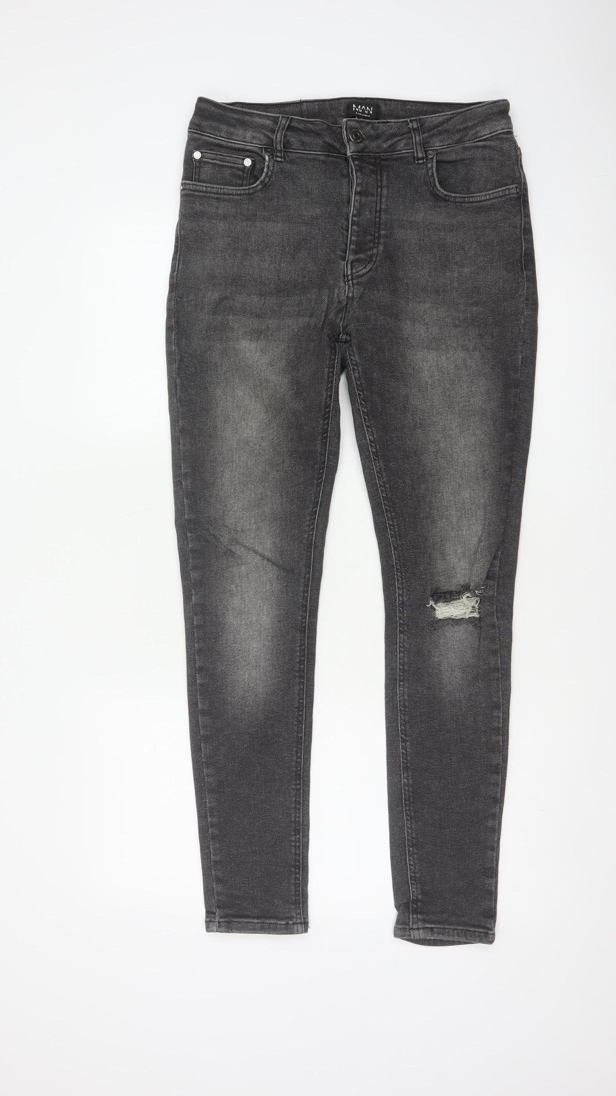 BoohooMAN Men’s Grey 32 Skinny Distressed Stretch Jeans