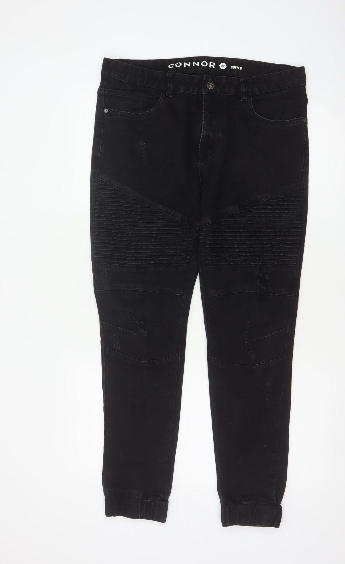 Connor Men’s Black 32 Skinny Cuffed Distressed Biker Jeans