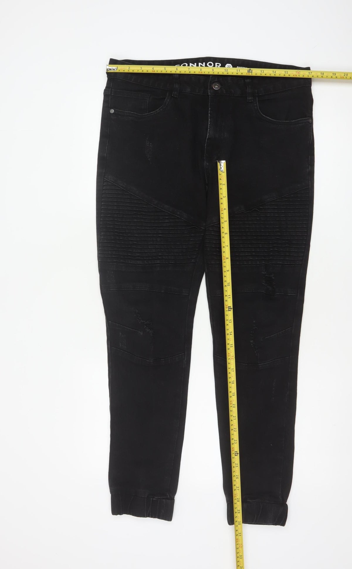 Connor Men’s Black 32 Skinny Cuffed Distressed Biker Jeans