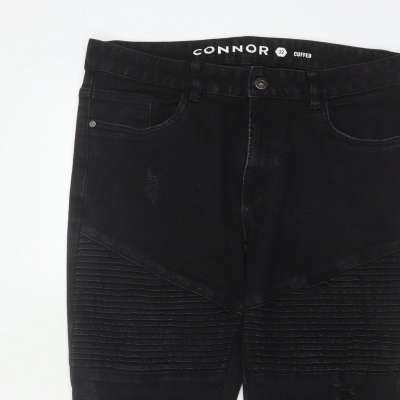 Connor Men’s Black 32 Skinny Cuffed Distressed Biker Jeans