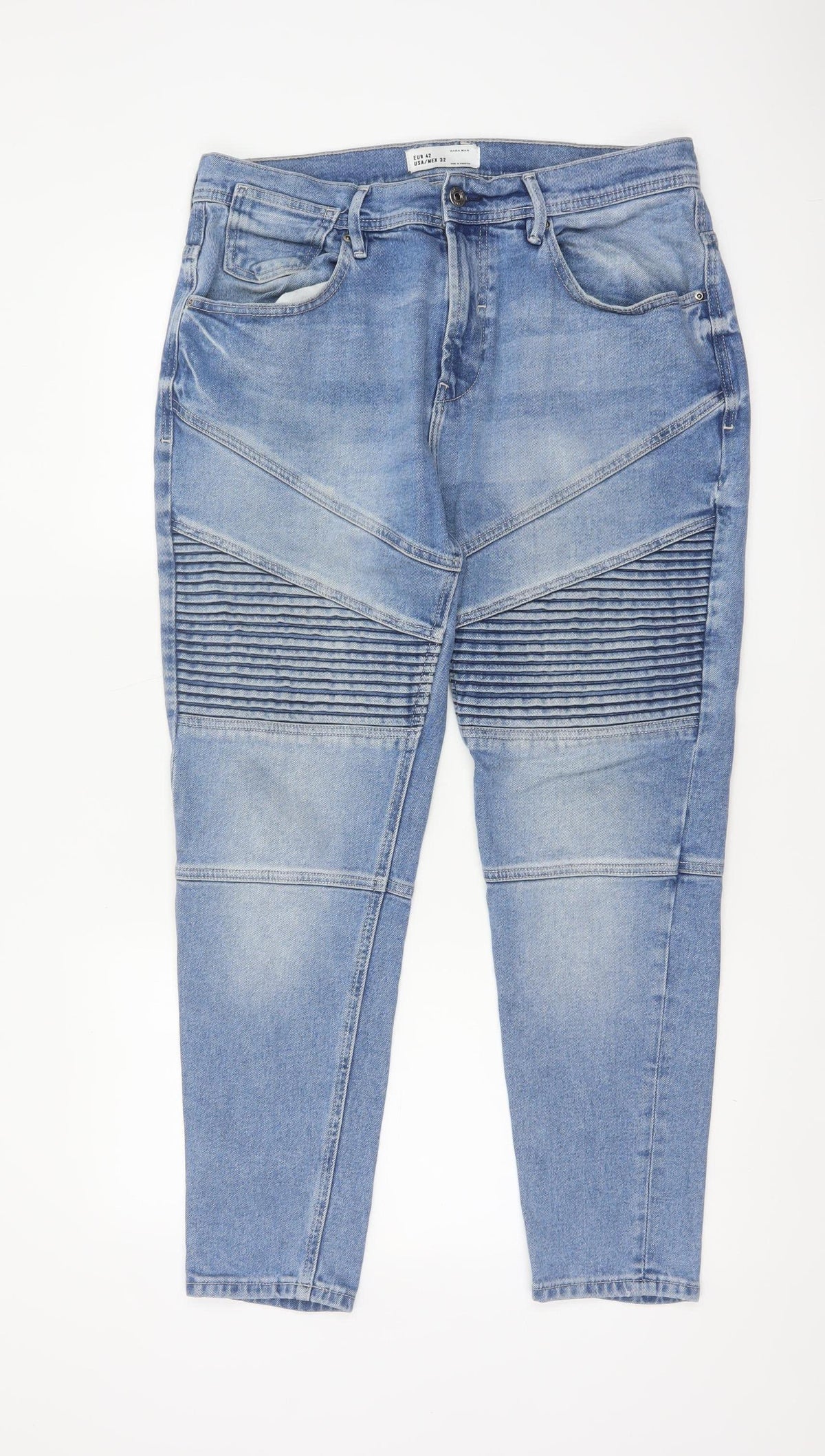 Zara Man Men’s Blue 32 Tapered Biker Ribbed Panel Jeans