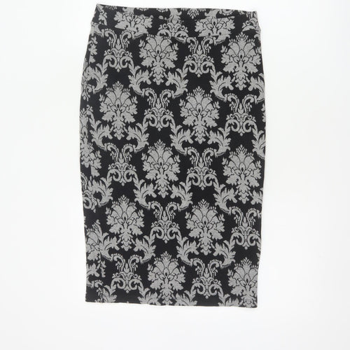 Next Women’s Black Grey Floral Knit Pencil Skirt UK 10 Knee Length