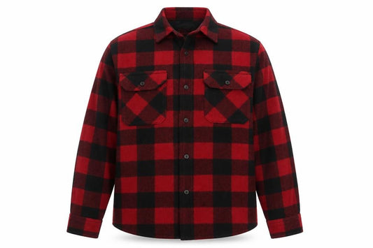 Front view of Wrangler Men’s Red Black L Plaid Flannel Button-Up Overshirt