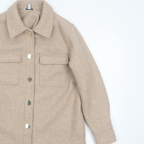 Next Women Beige UK 14 Long Basic Jacket Collared Button Pocket Shacket