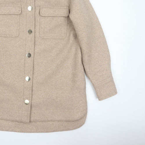 Next Women Beige UK 14 Long Basic Jacket Collared Button Pocket Shacket