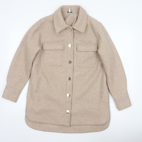 Next Women Beige UK 14 Long Basic Jacket Collared Button Pocket Shacket