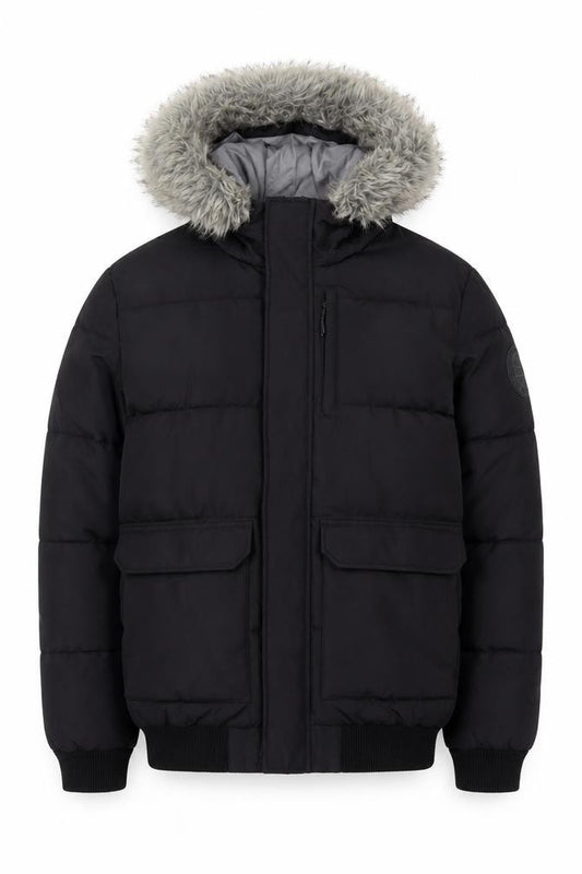 McKenzie Mens Black M Puffer Jacket Hooded Faux Fur Trim Full Zip