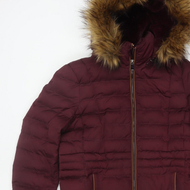 Per Una Women’s Burgundy UK 10 Long Puffer Coat Faux Fur Hood