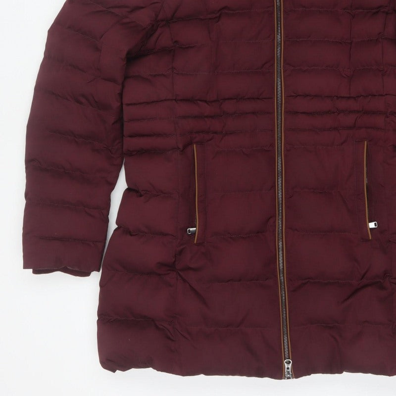 Per Una Women’s Burgundy UK 10 Long Puffer Coat Faux Fur Hood