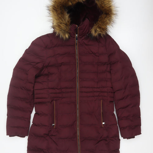 Per Una Women’s Burgundy UK 10 Long Puffer Coat Faux Fur Hood