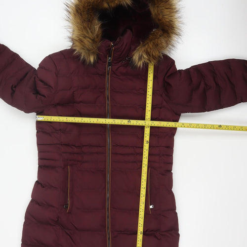Per Una Women’s Burgundy UK 10 Long Puffer Coat Faux Fur Hood