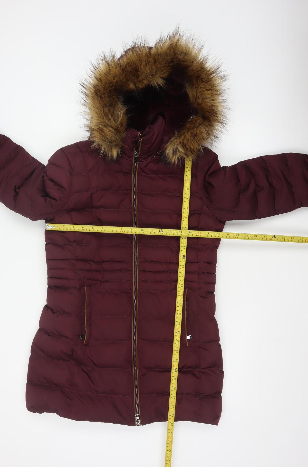 Per Una Women’s Burgundy UK 10 Long Puffer Coat Faux Fur Hood