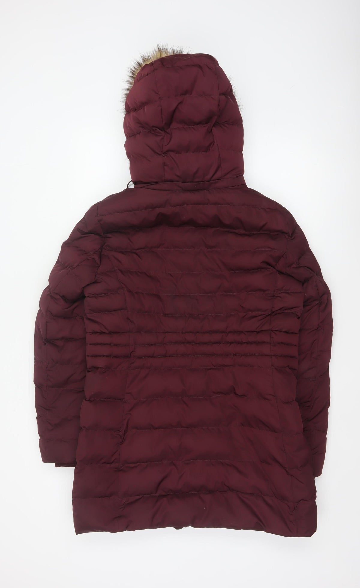 Per Una Women’s Burgundy UK 10 Long Puffer Coat Faux Fur Hood
