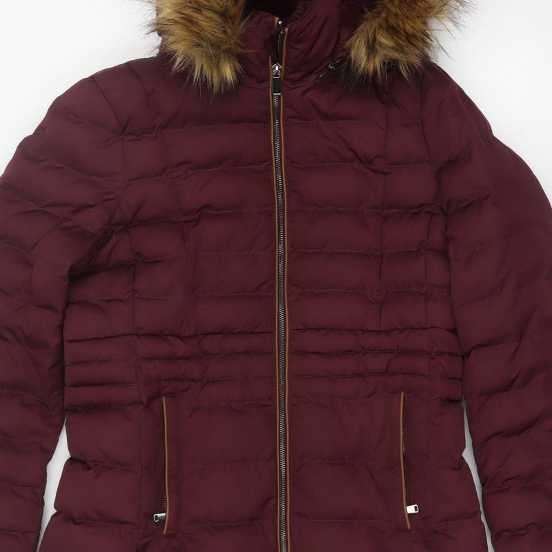 Per Una Women’s Burgundy UK 10 Long Puffer Coat Faux Fur Hood